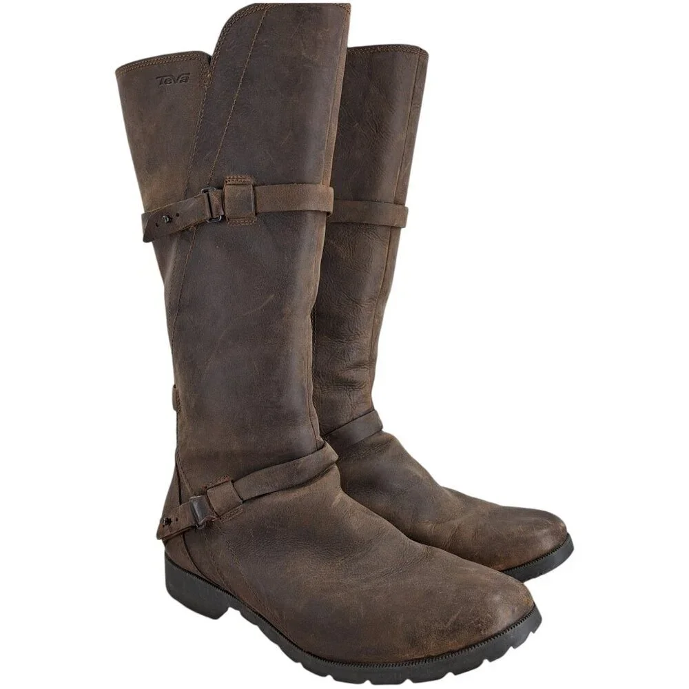 Teva De La Vina Brown Leather Tall Riding Boots Size 8 Distressed Waterproof